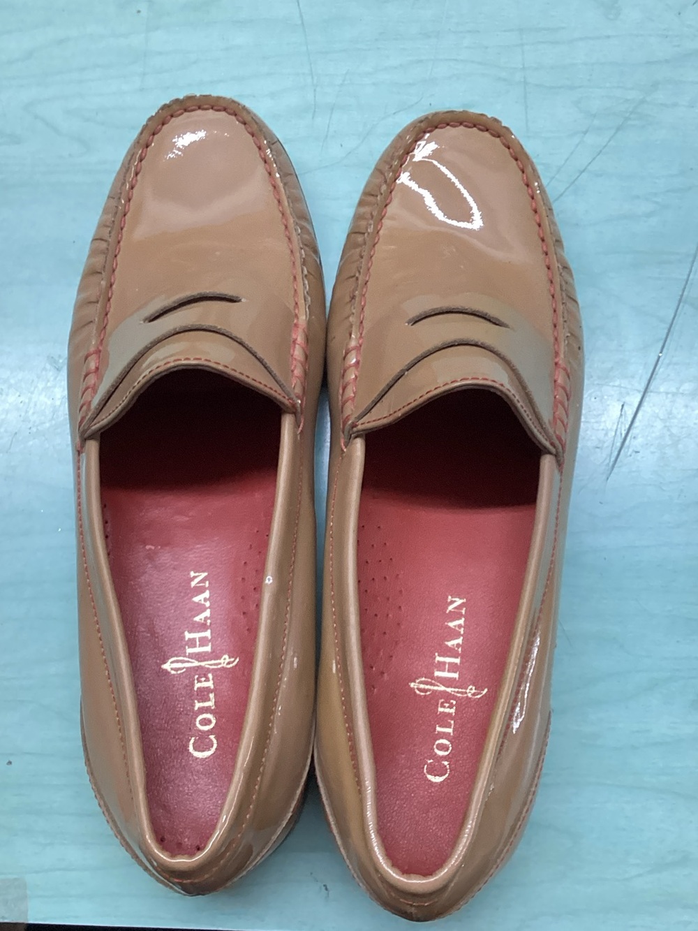 Cole Haan Patent Tan Penny Loafers with Red Insole